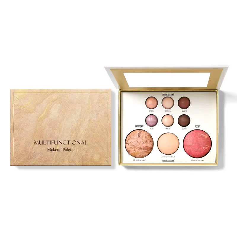 All-In-One Makeup Palette with Eye Shadow, Contouring, Blush, Highlighter, and Eyelid Brightening in One; Versatile Makeup
