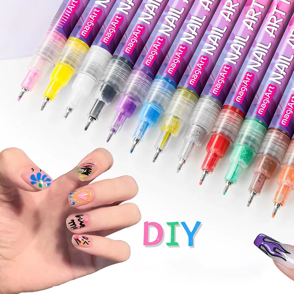 12 Colors Set Nail Art Pens Drawing Painting Liner Markers for Gel Nail Tools Graffiti Dotting Point Brushes DIY Image Manicure