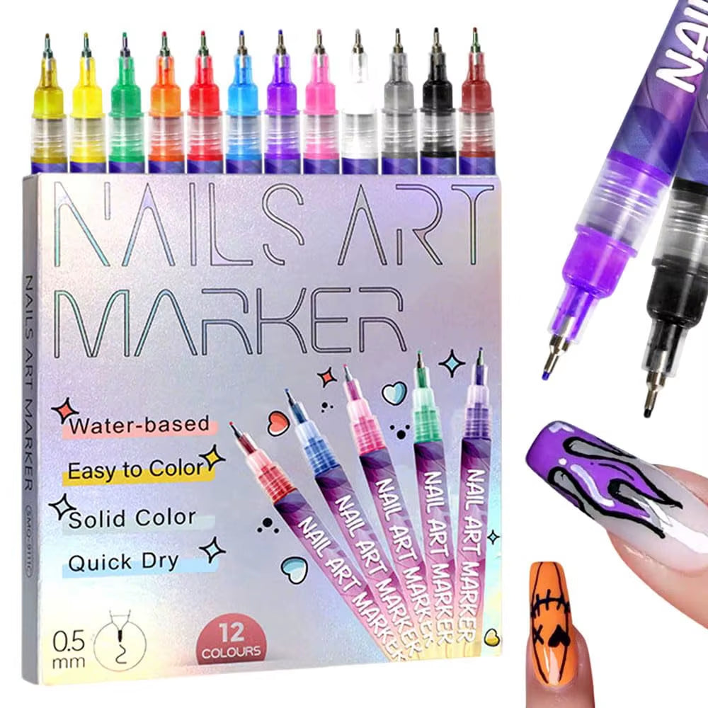 12 Colors Set Nail Art Pens Drawing Painting Liner Markers for Gel Nail Tools Graffiti Dotting Point Brushes DIY Image Manicure