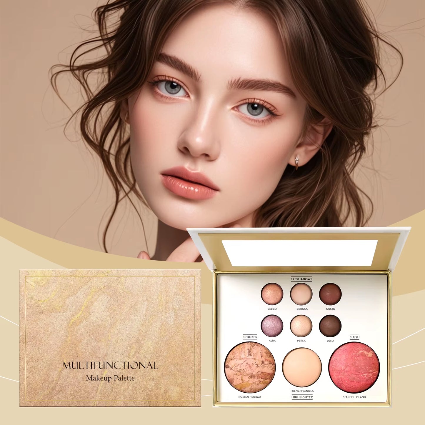 All-In-One Makeup Palette with Eye Shadow, Contouring, Blush, Highlighter, and Eyelid Brightening in One; Versatile Makeup